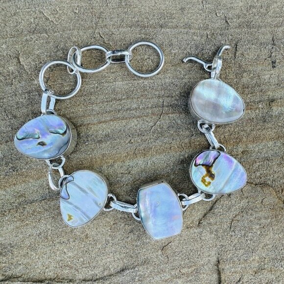 VTG Link Bracelet Size 7.5 MOP Shell Teardrop Cabs 925 Sterling Silver 21.5g - Picture 2 of 12